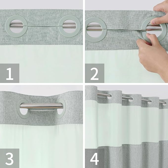 eachope No Hook Fabric Shower Curtain with Snap-in Liner,71x74 Sage Green | Linen Texture,230GSM Thick Fabric,Hotel Luxury Decor,Mesh Window,Bottom magnetic ,Waterproof & Machine Washable,for Bathroom