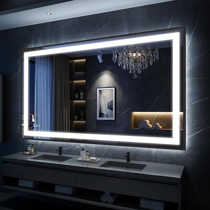Antok 55X40 LED Bathroom Mirror with Lights, Vanity Mirror for Wall with Black Frame, Touch Control, Anti-Fog, Dimmable Lights, Shatter-Proof, Memory Function, Wall-Mounted Vanity Mirrors