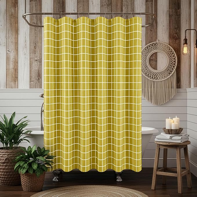 Fabric Farmhouse Shower Curtain-Extra Long Shower Curtains Bathroom Gold | 72"Wx84"L Faux Linen Grid Minimalist Simple Rustic Neutral Shower Curtain Decor-Cloth Geometric Plaid Washable Hotel Quality