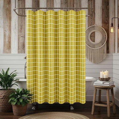 Fabric Farmhouse Shower Curtain-Extra Long Shower Curtains Bathroom Gold | 72"Wx84"L Faux Linen Grid Minimalist Simple Rustic Neutral Shower Curtain Decor-Cloth Geometric Plaid Washable Hotel Quality