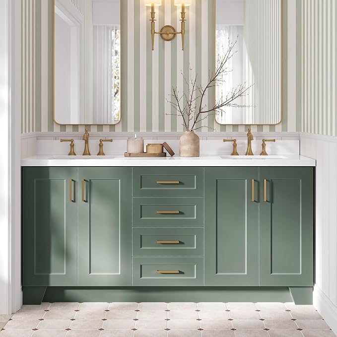 ARIEL Taylor 72-inch Bathroom Vanity with Sink,Solid Wood, 1.5-inch Pure White Quartz Countertop, Double Rectangular Porcelain Sink, Soft Closing Doors, Dovetail Drawers, Vintage Green