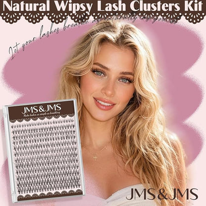 JMS&JMS Natural Lash Clusters Kit Wispy Lash Extension Kit | Clear Band Eyelash Clusters 8-16mix C Curl with Bond and Seal and Tweezers for Daily Exquisite
