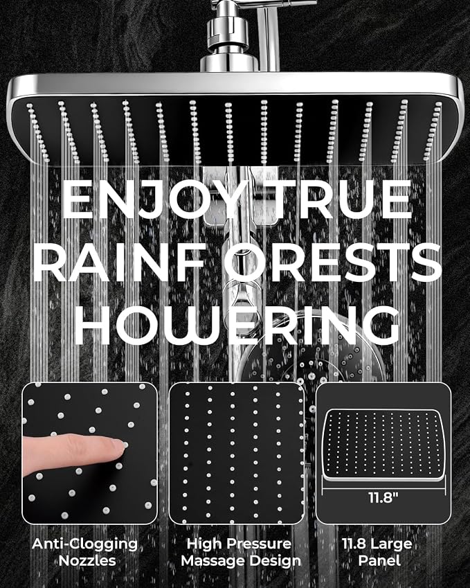 Shower Head with Handheld,High Pressure Chrome Slide Bar ShowerHead | Regaderas Para Shower,11.8" Rectangular,Rain Shower Head,Dual Shower Head,Bathroom Decor,Extension Arm,5 Spray Mode