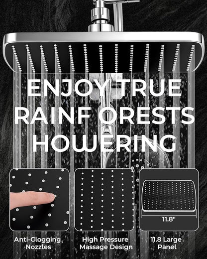 Shower Head with Handheld,High Pressure Chrome Slide Bar ShowerHead | Regaderas Para Shower,11.8" Rectangular,Rain Shower Head,Dual Shower Head,Bathroom Decor,Extension Arm,5 Spray Mode