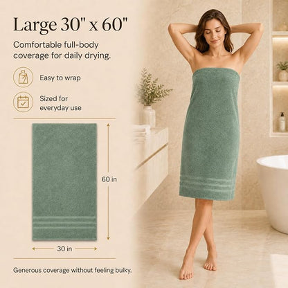 Velqora Bath Towels, 4 Pack, 30x60 in, 100% Cotton, Soft, Sage Green | Absorbent Terry | Balanced Weight | Easy Care
