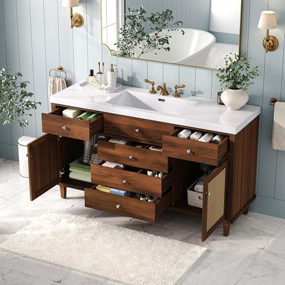 60 Inch Brown Bathroom Vanity with Single Sink,Large Rattan Bathroom Vanity with Spacious Countertop & Deep SMC Sink,with 5 Drawers & 2 Soft Closing Doors,Silver Knobs,Woven Front,8 in Faucet Hole