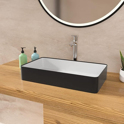 Lordear Rectangular Vessel Sink 24X14 Inches Black and White Above Counter Bathroom Sink Lavatory Vanity Basin