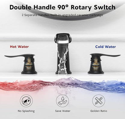 BWE Waterfall Bathroom Faucet, Matte Black 8 Inch Widespread Bathroom Sink Faucet Two-Handle with Pop-up Drain, for Vanity, Lavatory Sink