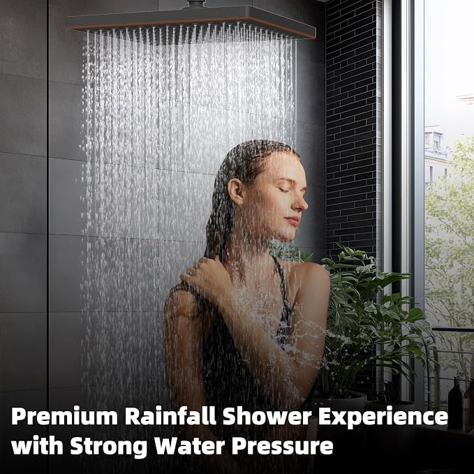 Hibbent cUPC Certified High Pressure 12'' Shower Head, Oil Rubbed Bronze | Thickness Metal Showerhead, Square Large Bathroom Rainfall Shower Head, Adjustable Brass Ball, Waterfall Full Body Coverage