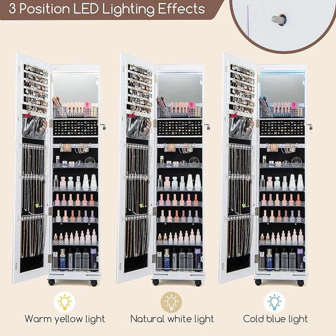 GOFLAME Jewelry Cabinet with Full Length Mirror, Lockable Jewelry Storage Organizer with Wheels, 3-Color LED Lights, Inner Mirror, Freestanding Jewelry Armoire with Rear Storage Shelves, White