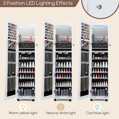 GOFLAME Jewelry Cabinet with Full Length Mirror, Lockable Jewelry Storage Organizer with Wheels, 3-Color LED Lights, Inner Mirror, Freestanding Jewelry Armoire with Rear Storage Shelves, White