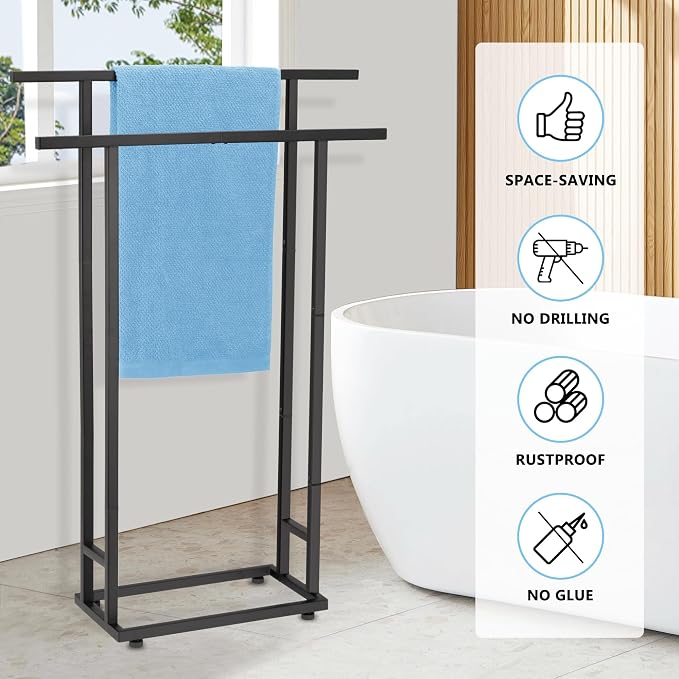 2 Tier Tall Free Standing Towel Racks for Bathroom | Metal Drying Rack for Oversized Bath Towels & Blankets, Indoor & Outdoor Use, Fits Bathroom, Pool, Black
