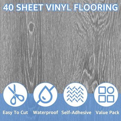 40 Sheet Vinyl Flooring 12 x 12 Peel and Stick Floor Tile Waterproof Clearance Vinyl Floor Tiles Wood Grey Self Adhesive Floor Tiles Sticky Laminate Flooring for Bathroom Kitchen Basement RV