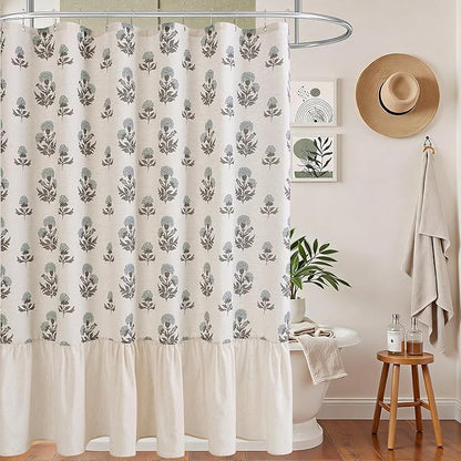 ORTIGIA Linen Textured Ruffle Shower Curtain with Metal Hooks, Vintage Blue Floral Block Print Boho Waterproof Bath Curtain for Rustic Farmhouse Bathroom Decor 72x72 Inch