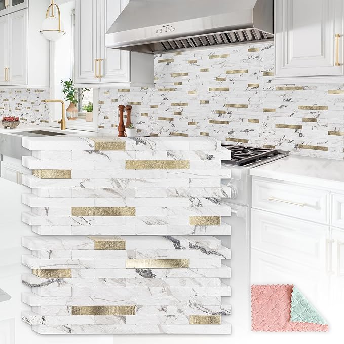 StyloVue 20 Sheets Peel and Stick Backsplash for Kitchen, Volakas White Marble Look with Gold Metal, Stick on Tile for Kitchen Backsplash, RV, Fireplace
