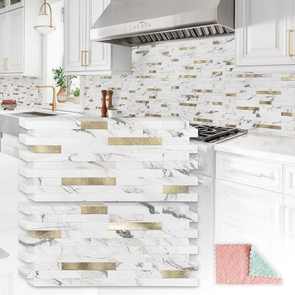 StyloVue 20 Sheets Peel and Stick Backsplash for Kitchen, Volakas White Marble Look with Gold Metal, Stick on Tile for Kitchen Backsplash, RV, Fireplace