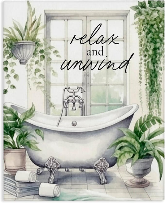 Relax Unwind Bath Foliage Bath, 24 x 30 Inch Canvas Wall Art | Stupell Industries · By Lettered and Lined · Ready to hang · Calm bathroom and bedroom accent · Made in USA