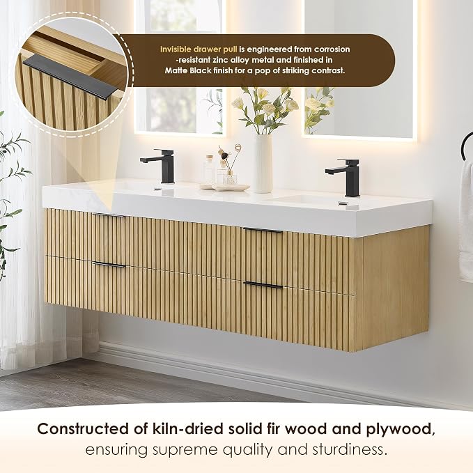 72 Inch Floating Sink Bathroom Vanity Wall Mount Double Vanities with Top | Pre-Assembled, Sturdy Solid Wood, Modern Vanity, Ceramic Sink, Large Storage Cabinet, Soft Closing Doors, Dovetail Drawers