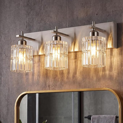 OCIOC Brushed Nickel Bathroom Light Fixtures, 3-Lights Bathroom Vanity Light with Glass Shades, Modern Vanity Lights for Mirror, Wall Lights for Living Room, Hallway, Kitchen, E26 Base