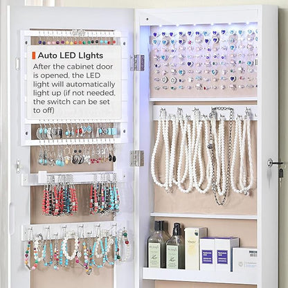 GISSAR Full Length Mirror Jewelry Cabinet, 6 LEDs Jewelry Armoire Wall Mounted Over The Door Hanging, Jewelry Organizer Storage with Lights Lockable, White Surface with Beige Lining, 14.6" x 47.2"
