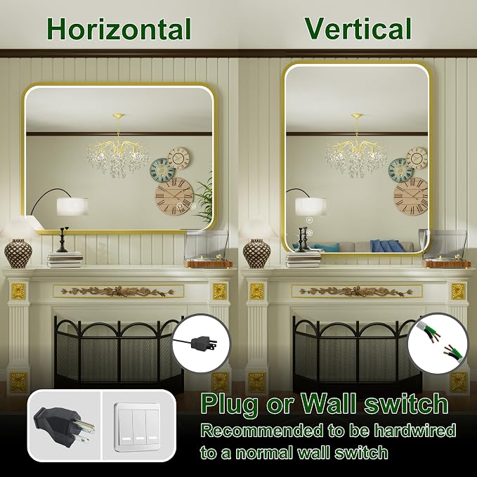 40x30 Inch Gold LED Bathroom Mirror with Lights,3000K/4500K/6000K | Stepless Dimmable, Anti-Fog, Memory Function, Aluminum Frame Wall Mount Lighted Vanity Mirror, ETL Listed, IP54 Waterproof