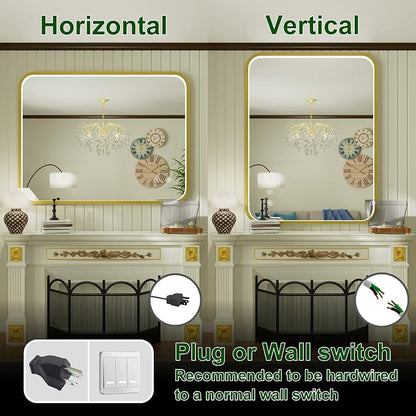 40x30 Inch Gold LED Bathroom Mirror with Lights,3000K/4500K/6000K | Stepless Dimmable, Anti-Fog, Memory Function, Aluminum Frame Wall Mount Lighted Vanity Mirror, ETL Listed, IP54 Waterproof