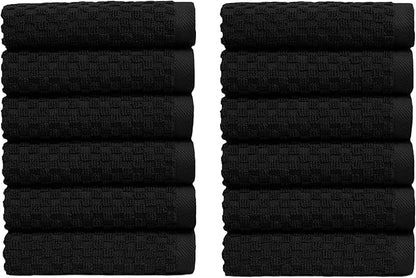 COTTON CRAFT Euro Spa Waffle Wash Cloth - Set of 12 Luxury Pure Ringspun Cotton Waffle Weave Bathroom Face Towel - Everyday Absorbent Hotel Gym Shower Beach Kitchen Travel Dorm - 12x12 inches - Black