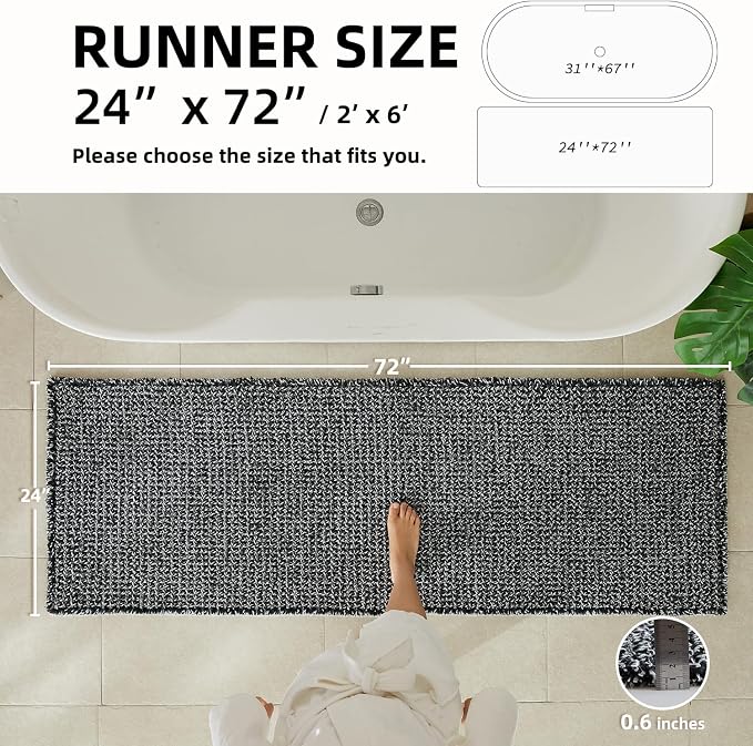 TYUU Waffle Runner Rug Bathroom, Long Boho Bath Mat, 72x24 Black & White | Super Absorbent Quick Dry Bath Rug, Non-Slip Backing, Soft Waffle Washable Farmhouse Bathroom Mats, Tub, Shower & Home Decor