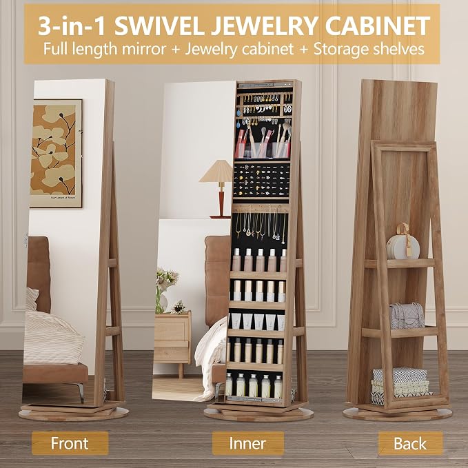 LVSOMT Standing Jewelry Cabinet with Sliding Full Length Mirror, Wood | 360° Swivel Mirror with Jewelry Storage, Lockable Jewelry Armoire Organizer with 3 Rear Shelves for Bedroom, Gift for Women