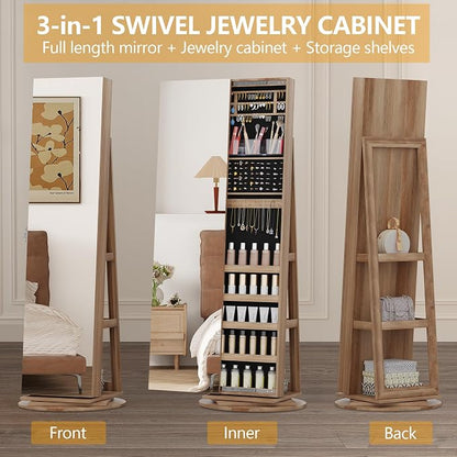LVSOMT Standing Jewelry Cabinet with Sliding Full Length Mirror, Wood | 360° Swivel Mirror with Jewelry Storage, Lockable Jewelry Armoire Organizer with 3 Rear Shelves for Bedroom, Gift for Women