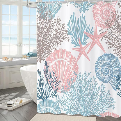 Nautical Coastal Shower Curtain, Blue Pink Ocean Beach Seashell Starfish Themed Bathroom Curtain Waterproof Fabric Machine Washable with Hooks, 72" Wx96 L