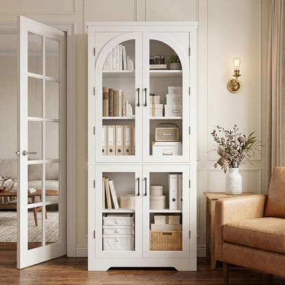 Garvee 70" Tall Kitchen Pantry Cabinet with 4 Arched Glass Doors, White | Modern Display Cabinet with Adjustable Shelves, Versatile Cupboard Organizers for Kitchen, Dining Room, Living Room, Bathroom