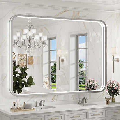 40x30 Inch LED Mirror for Bathroom,Brushed Silver Metal Frame | ETL Listed Anti-Fog,Dimmable,Horizontal & Vertical,Wall Mounted,Memory Function,Ideal for Bathroom,Vanity