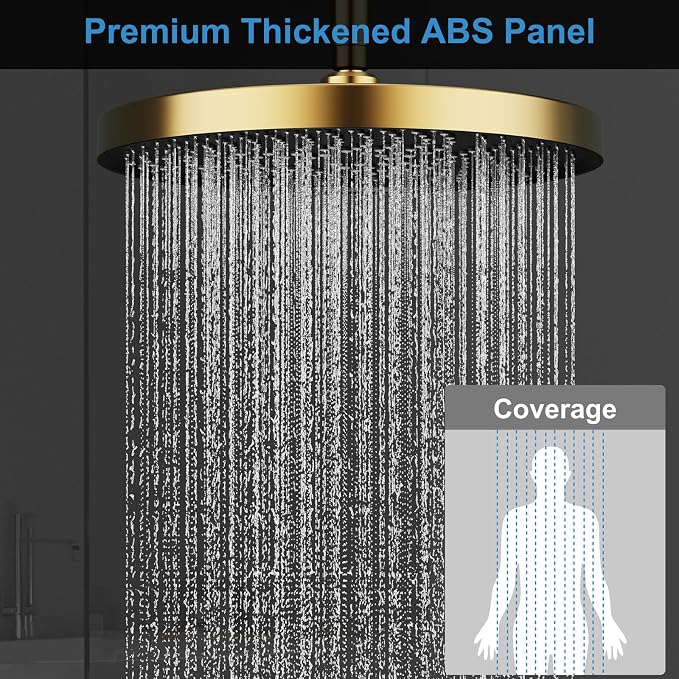 Shower System Brass Thermostatic Shower Faucet Set With Valve and Diverter Shower Mixer with 2 Rain Shower Head and Multi-function Handheld Head（Brushed Gold）