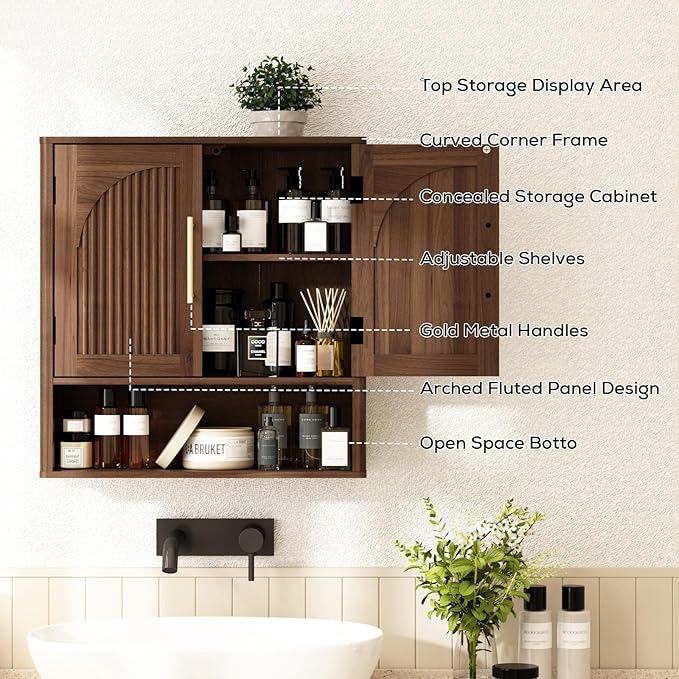 RUSTOWN Fluted Bathroom Wall Cabinet, Mid Century Modern Medicine Cabinet W/Adjustable Shelf & 2 Arched Doors, Over The Toilet Storage Cabinets for Laundry Room Kitchen Living Room, Dark Walnut
