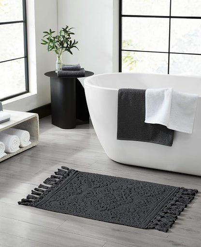 Jean Pierre – Ricardo Bath Mats, Set of 2 Woven Fringe Bathroom Rugs, 100% Cotton, Premium Bathroom Decor - Measures 17" x 31" and 21” x 41”- Black