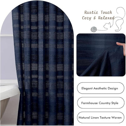 Navy Blue Shower Curtain 78 Inch Long, Boho Farmhouse Thick Linen Textured Fabric Shower Curtain with Tassel, Minimalist Striped Weighted Machine Washable Bathroom Decor, 72Wx78L Inches