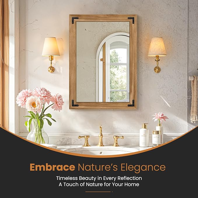 Wood Framed Bathroom Vanity Mirror for Wall, 20"x28" Farmhouse Mirror | Solid Wood Frame, HD Shatterproof Glass, Vertical/Horizontal Hanging, Ideal for Bathroom, Living Room, Bedroom