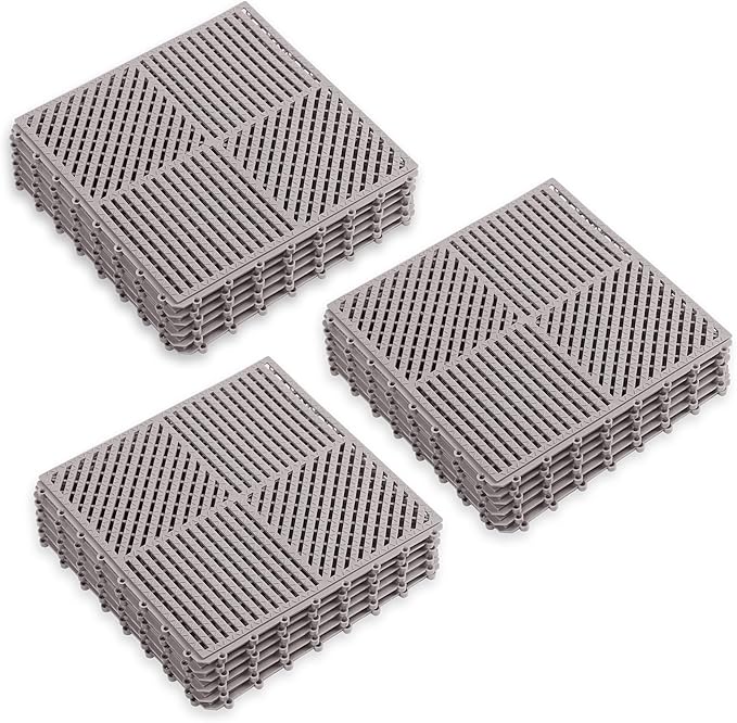 18 Pack Modular Interlocking Floor Mat Rubber Outdoor Tiles with Drainage Holes for Swimming Pool Bathroom Shower Sauna Room Garage Boat, 12" L×12" W×0.4" Th Gray