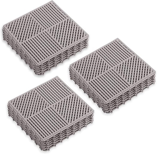 18 Pack Modular Interlocking Floor Mat Rubber Outdoor Tiles with Drainage Holes for Swimming Pool Bathroom Shower Sauna Room Garage Boat, 12" L×12" W×0.4" Th Gray