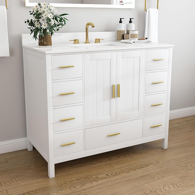 42 Inch Bathroom Vanity with Sink&Countertop,Calacatta Gold Sintered Stone Counter Top with Sink&Backsplash,White Bathroom Cabinet Set with 2 Doors and 9 Drawer(Three Holes)