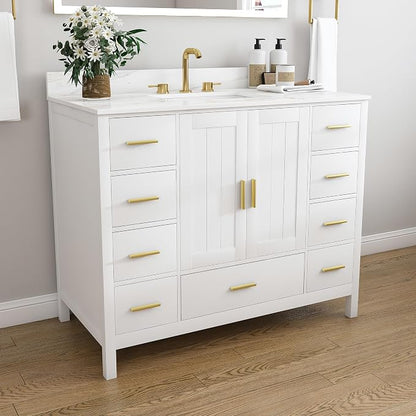 42 Inch Bathroom Vanity with Sink&Countertop,Calacatta Gold Sintered Stone Counter Top with Sink&Backsplash,White Bathroom Cabinet Set with 2 Doors and 9 Drawer(Three Holes)
