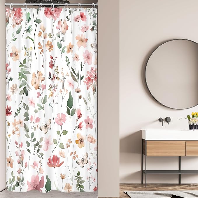 Small Stall Pink Floral Women Girls Coral Leaf Bathroom Shower Curtain Set | 36"W x 72"H Watercolor Wildflower; waterproof HD print, quick-dry fabric and plastic hooks for easy setup.
