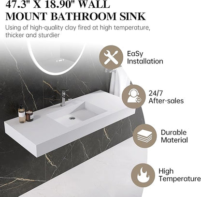 47" Wall Mount Sink, Artificial Stone Bathroom Sink, Single Hole | Matte Bathroom Vanity Vessel Sinks Rectanglee Indoor Modern Floating or Countertop Freestanding Wall Hang Sink Bowl
