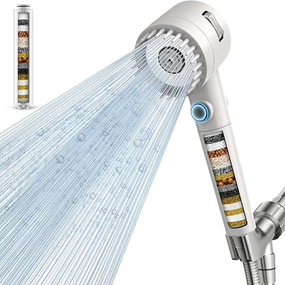 Filtered Shower Head with Handheld,High Pressure 5 Mode Shower with Filters | ON/OFF Switch Shower Filter Head for Hard Water, Remove Chlorine, Reduce Dry Itchy Skin,Holder & 60'' Hose Showerhead