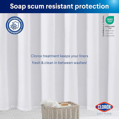 Clorox 2-in-1 Bathroom Shower Curtain Liner, Durable Fabric, Weighted Magnets for Bath Water Control, Washable Premium Quality, Extra Long, Modern - 72" x 78" White