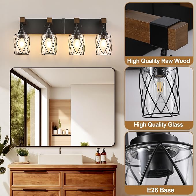 Bathroom Light Fixtures, Farmhouse Black Metal with Glass Shade | 4 Light Rustic Vanity Lights, Wood Accent Wire Cage Design, Mounts Over Mirror, Ideal for Bedroom & Hallway,Easy to Install