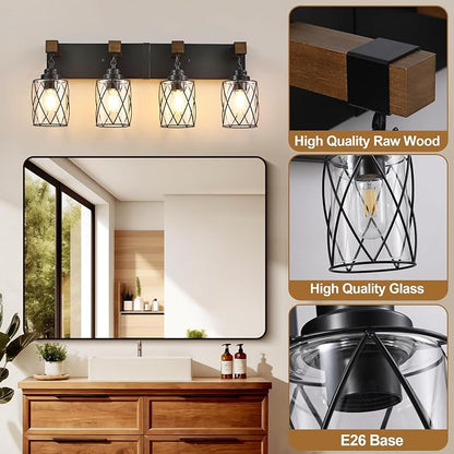 Bathroom Light Fixtures, Farmhouse Black Metal with Glass Shade | 4 Light Rustic Vanity Lights, Wood Accent Wire Cage Design, Mounts Over Mirror, Ideal for Bedroom & Hallway,Easy to Install