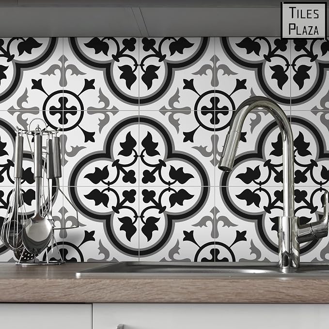 The Tiles Plaza Encaustic Peel and Stick Backsplash, Grey and White Patterned Vintage Stick on Tiles, Stone Composite Self-Adhesive Wall Tile Sticker for Kitchen Bathroom Fireplace Stairs, 10 Sheets
