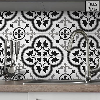 The Tiles Plaza Encaustic Peel and Stick Backsplash, Grey and White Patterned Vintage Stick on Tiles, Stone Composite Self-Adhesive Wall Tile Sticker for Kitchen Bathroom Fireplace Stairs, 10 Sheets